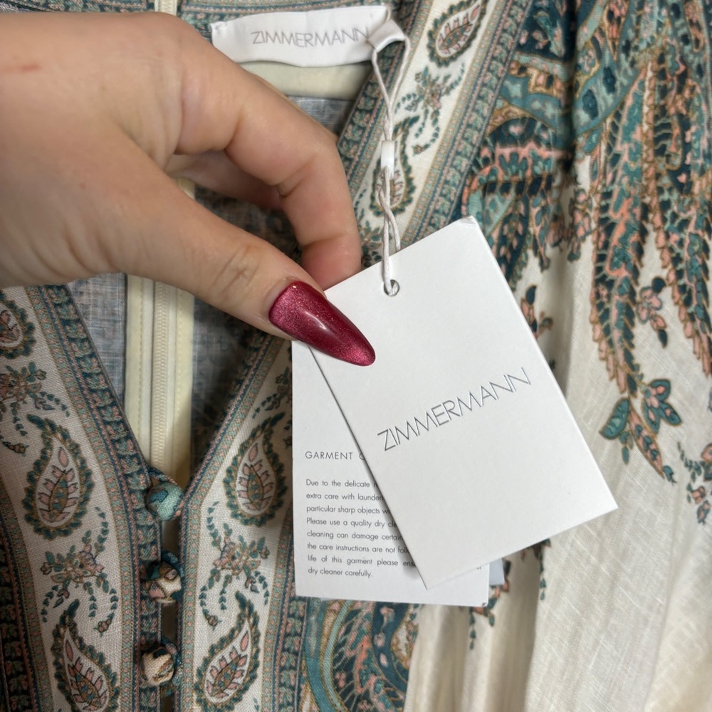 Zimmermann White Mini Dress with Teal and Beige Paisley Embroidery - Picture 6 of 16